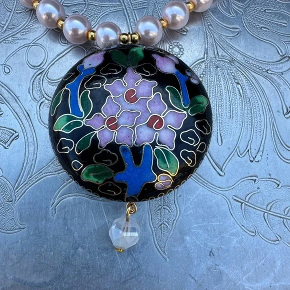 Handmade Cloisonne and Pink Pearl Necklace - Picture 4 of 8